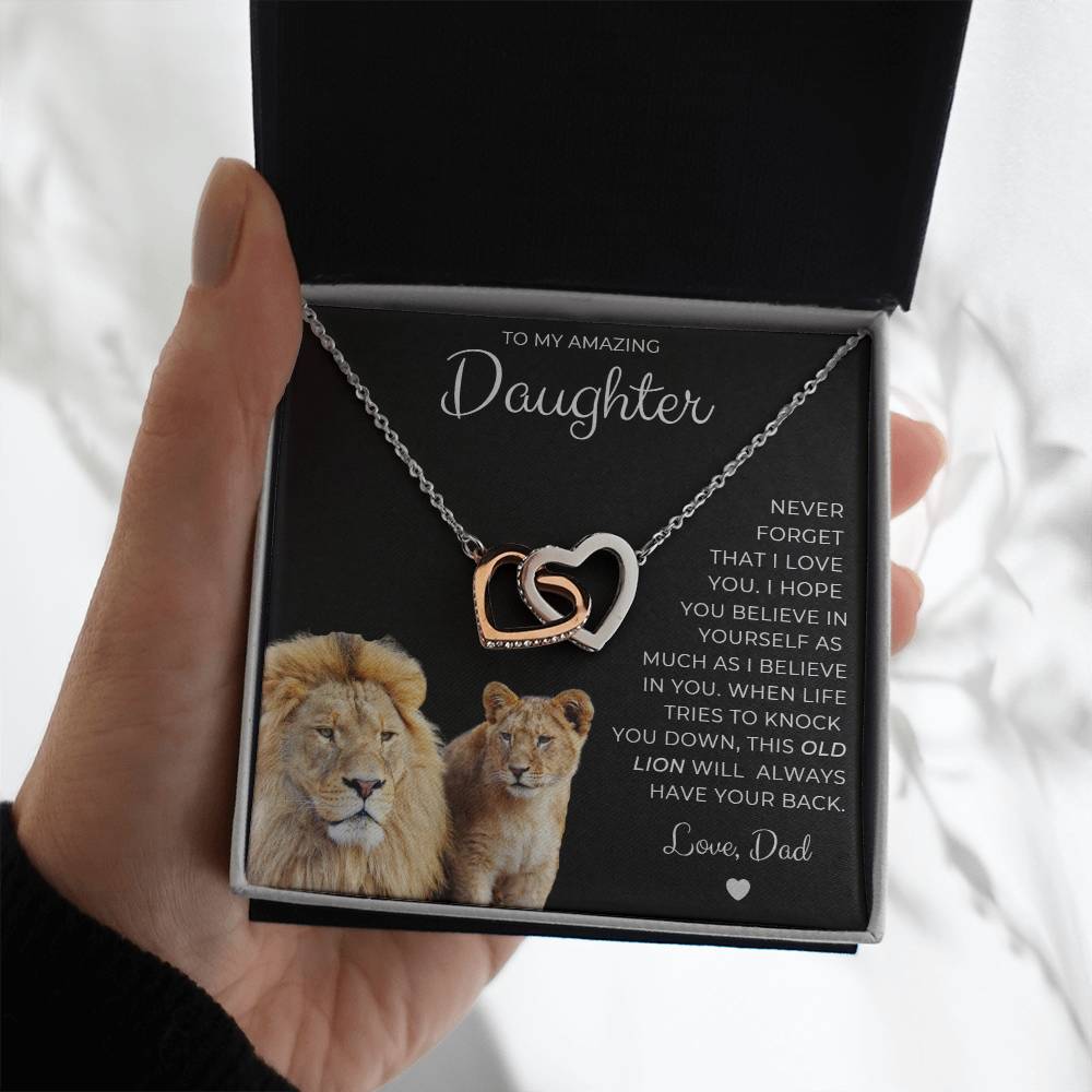 To My Amazing Daughter, This Old Lion, Love Dad Interlocking Hearts Necklace