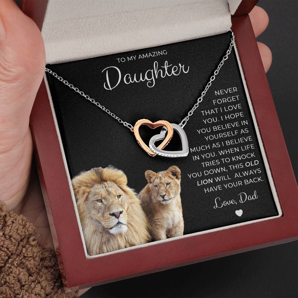 To My Amazing Daughter, This Old Lion, Love Dad Interlocking Hearts Necklace