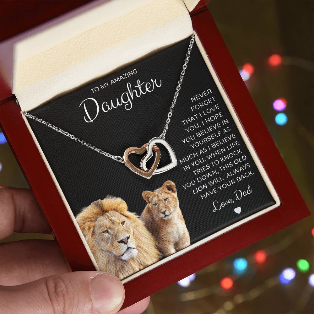 To My Amazing Daughter, This Old Lion, Love Dad Interlocking Hearts Necklace