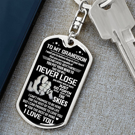 To My Grandson Never Lose Dog Tag Keychain, Personalized Gift For Grandson, Dog Tag Keychain for Birthday Graduation, Grandson Support Gift